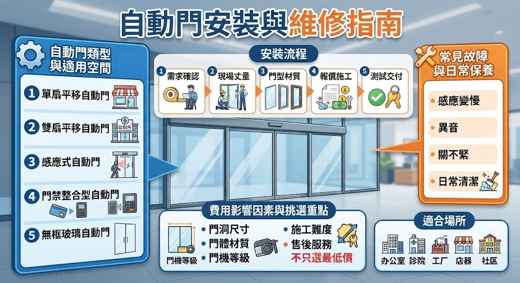 自動門安裝與維修指南:類型、流程、費用與廠商挑選重點